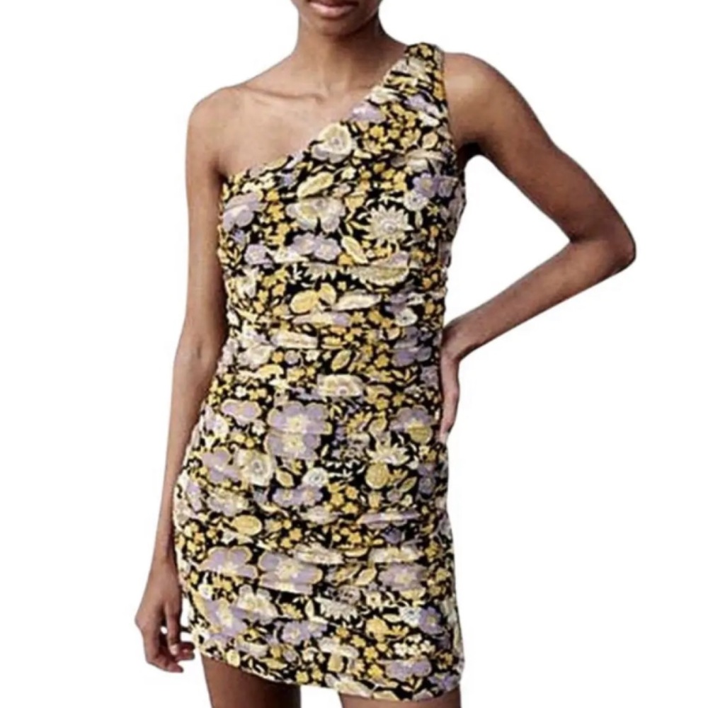 NWT Zara Floral Print One Shoulder Ruched Mini Dress Cocktail